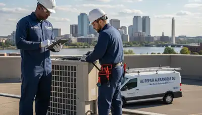 Professional AC repair technician servicing air conditioner unit in Washington DC home