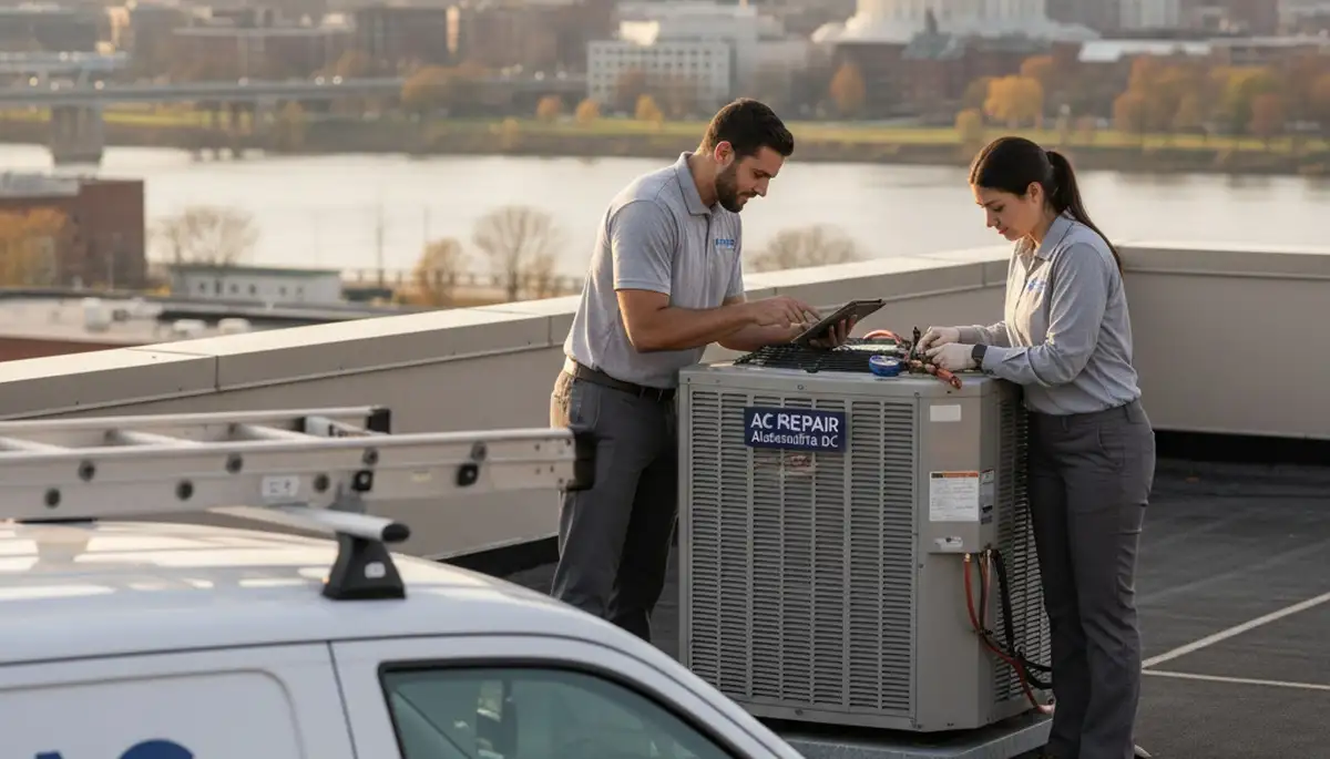 Professional AC repair technician servicing air conditioner in Washington DC home