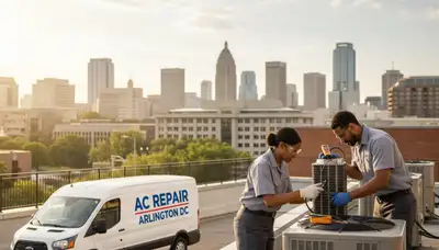 Professional AC repair technician servicing air conditioner unit in Washington DC home
