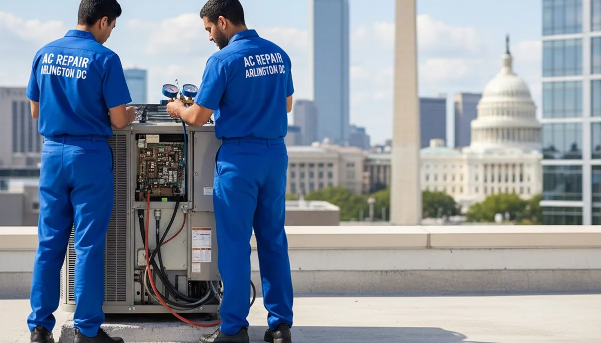HVAC technician performing professional AC repair service in Washington DC home