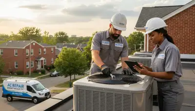 Professional AC repair technician servicing air conditioner in Washington DC home