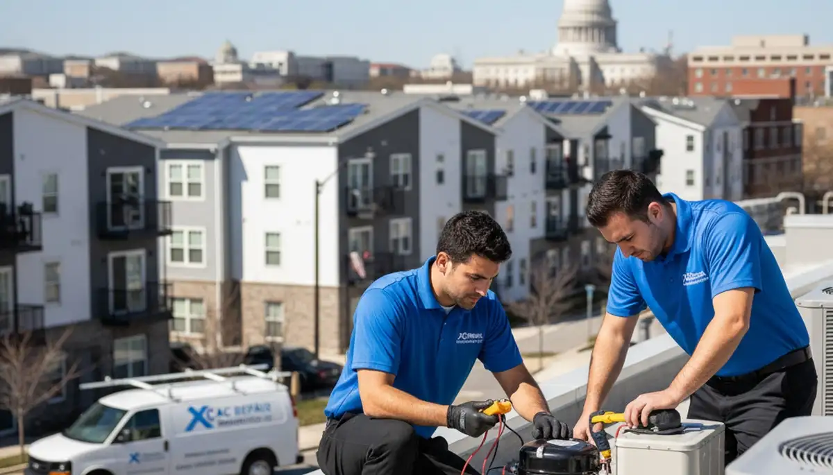 Professional AC repair technician servicing air conditioner in Washington, DC home