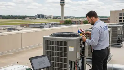Professional AC repair technician servicing air conditioner unit in Washington DC home