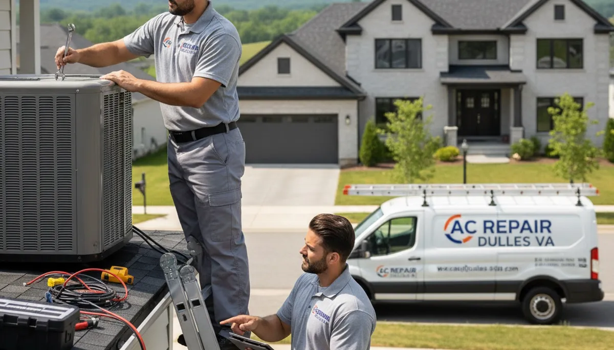 Professional AC repair technician servicing air conditioner system in Washington DC home