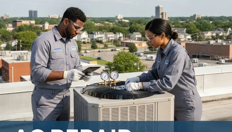 Professional AC repair technician servicing air conditioner in Washington DC home