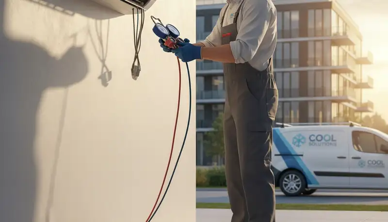 Technician repairing home air conditioner unit in Washington, DC for Five Star Cooling