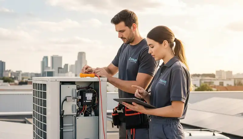 Technician performing AC repair service in Washington DC home for Five Star Cooling