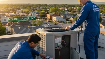 Professional AC repair technician servicing air conditioner unit in Washington, DC home