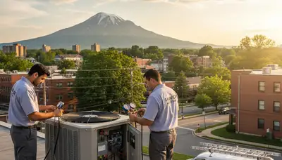 Professional AC repair technician servicing air conditioning unit in Washington, DC home
