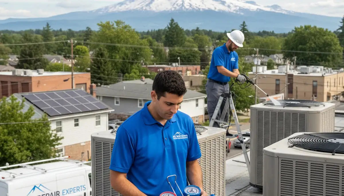 Professional AC repair technician servicing air conditioner unit in Washington DC home