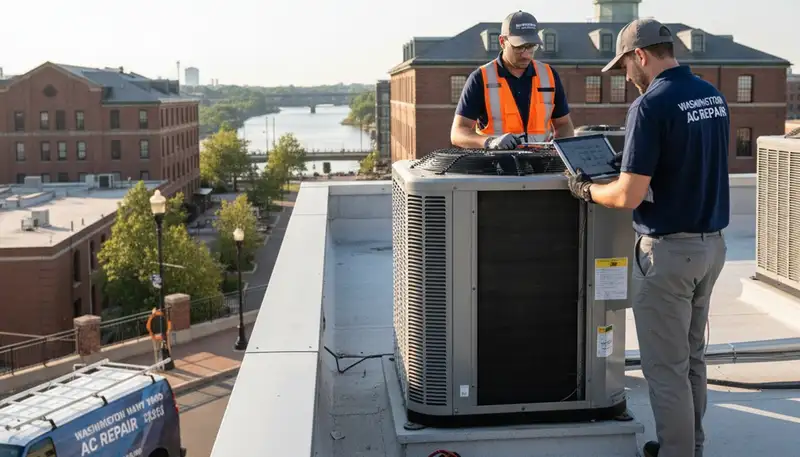 Professional AC repair technician servicing air conditioner in Washington DC home