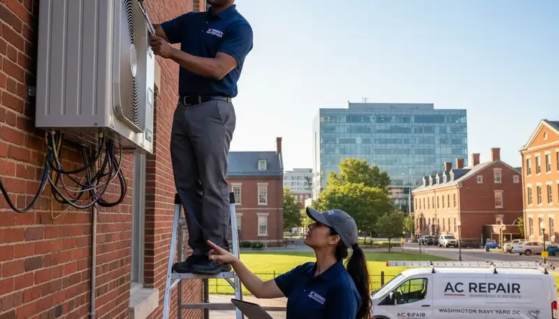 HVAC technician performing residential AC repair service in Washington, DC