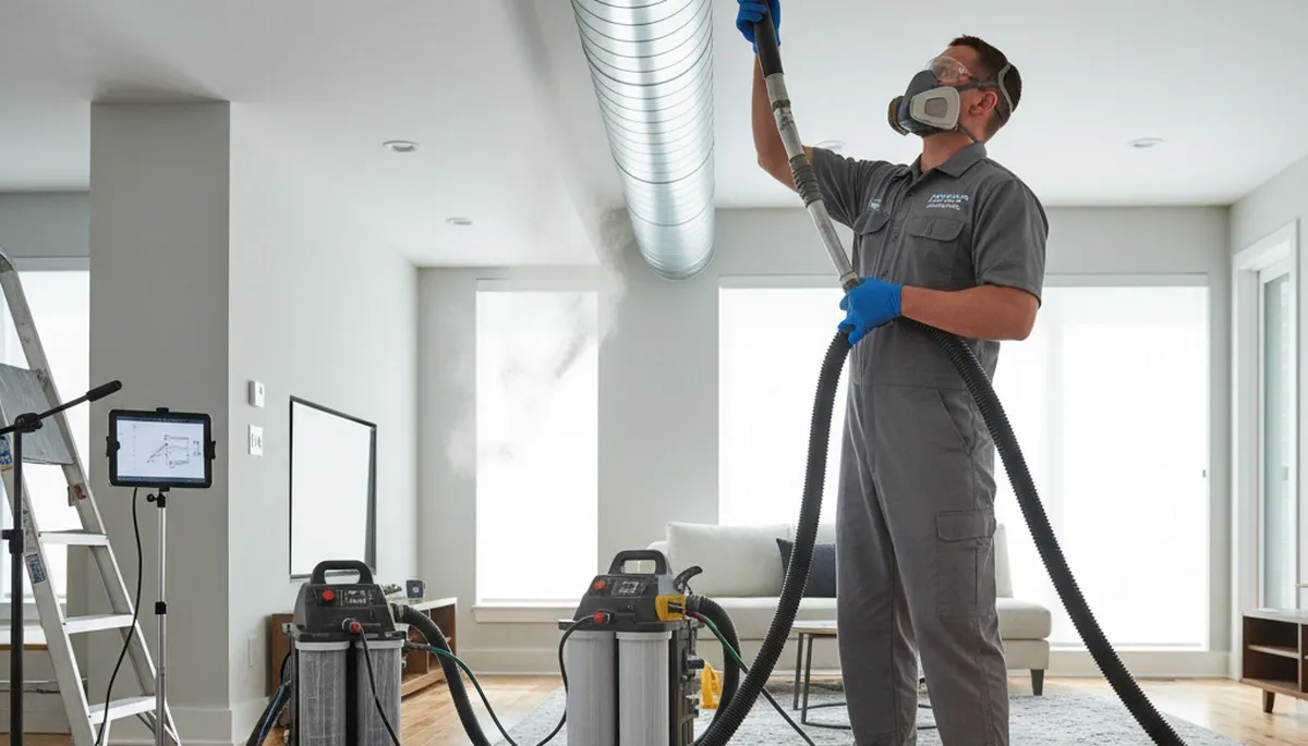 Technician performing air duct cleaning service in Washington, DC home for improved HVAC airflow
