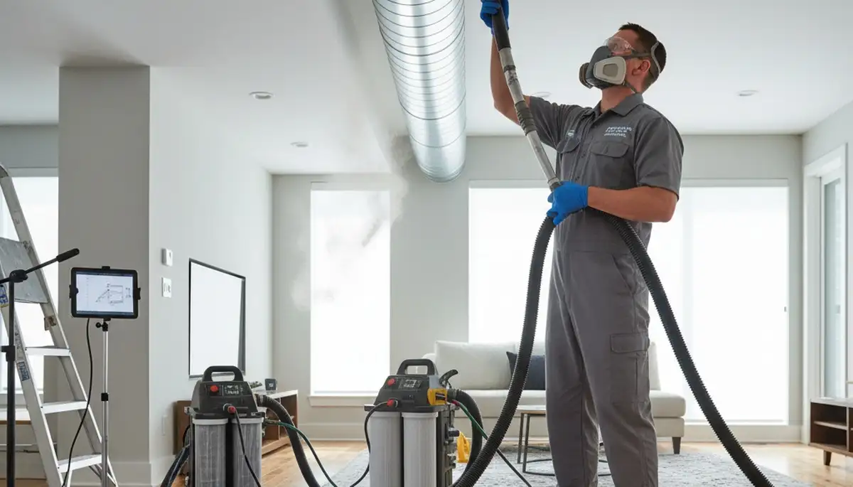 Technician performing air duct cleaning service in Washington, DC home for improved HVAC airflow