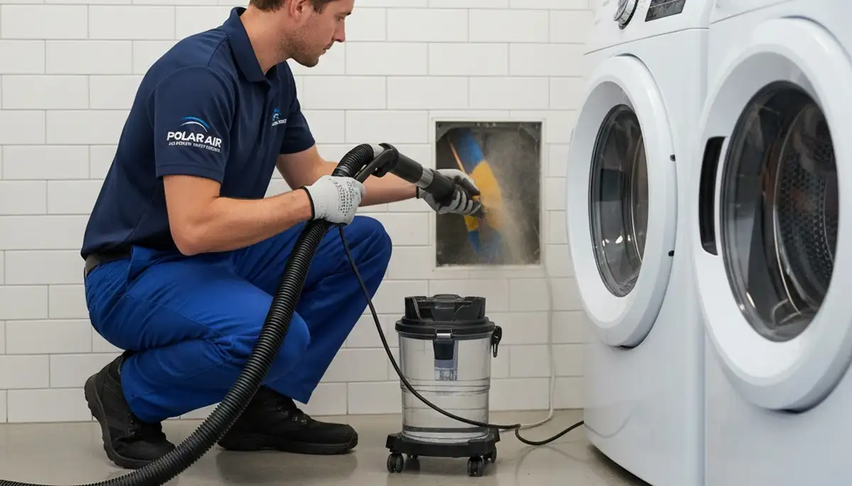 Technician cleaning residential dryer vent in Washington, DC for Five Star Cooling service