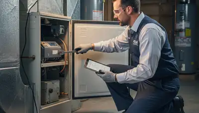 Technician performing furnace repair in Washington, DC home for Five Star Cooling heating service