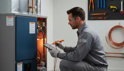 Technician performing heating repair on residential furnace in Washington, DC