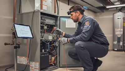 Technician performing heating repair service on furnace in Washington, DC home