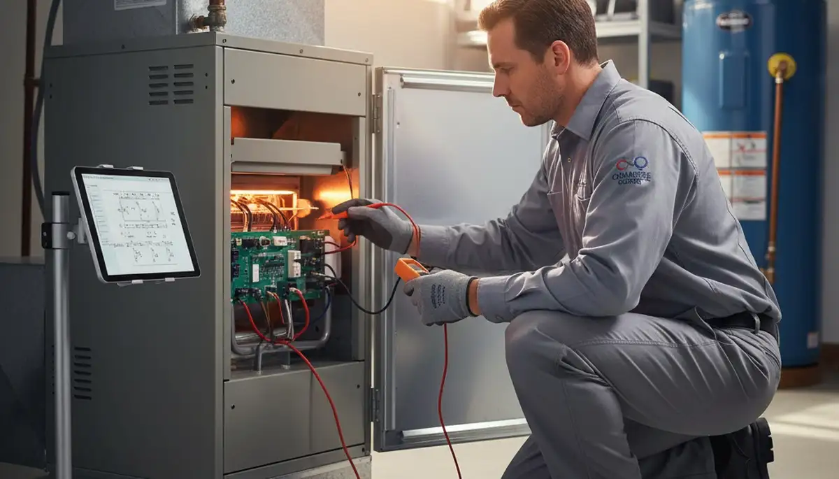 Technician performing heating repair on furnace in Washington, DC home
