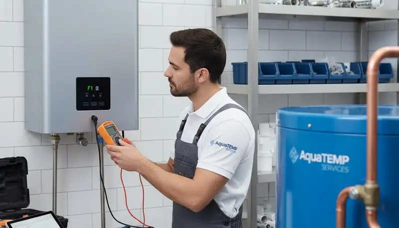 Technician performing water heater repair for residential HVAC system in Washington, DC