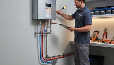 Technician performing water heater repair service in Washington, DC home for Five Star Cooling