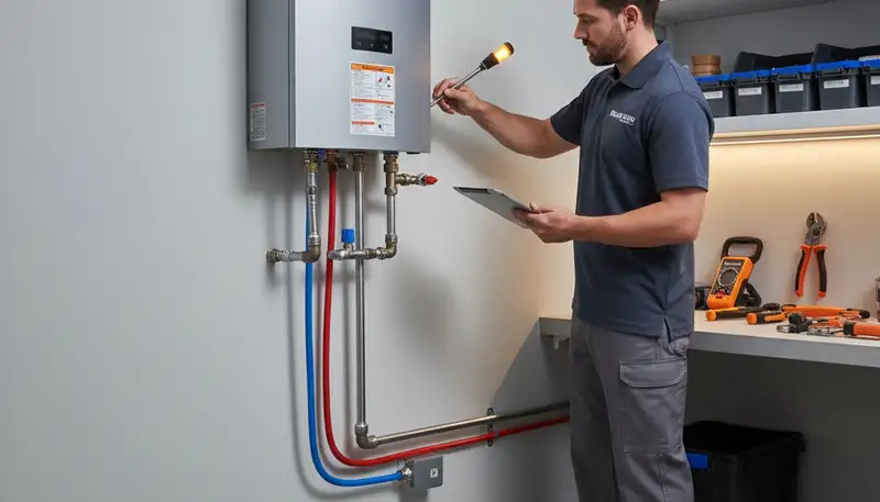 Technician performing water heater repair service in Washington, DC home for Five Star Cooling