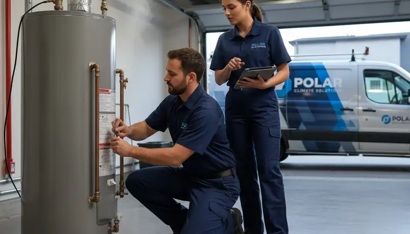 Technician repairing residential water heater in Washington, DC for Five Star Cooling service